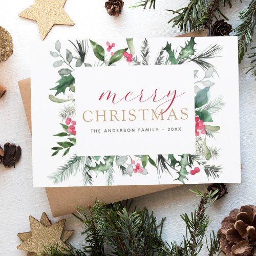 Budget Merry Christmas Greenery Red Holiday Card