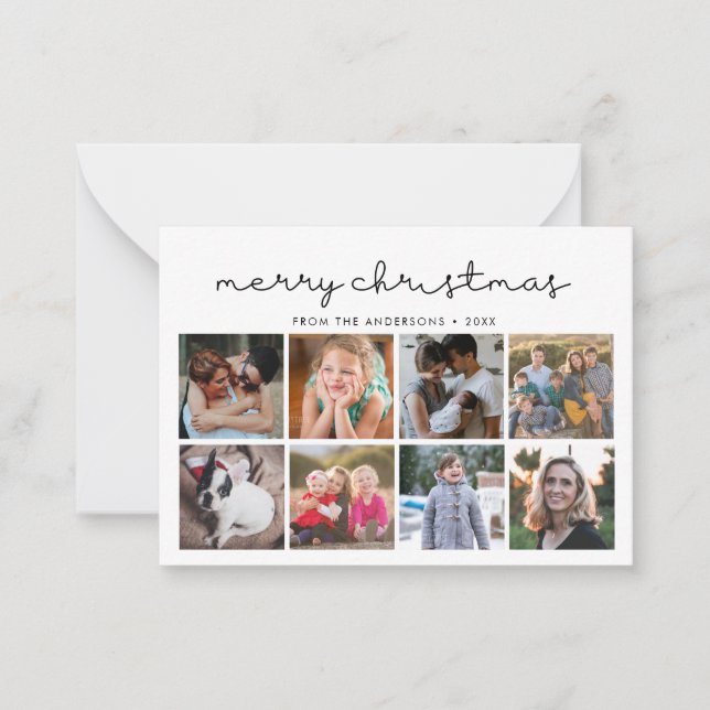 Budget Merry Christmas Minimalist 8 Photo Holiday Note Card (Front)