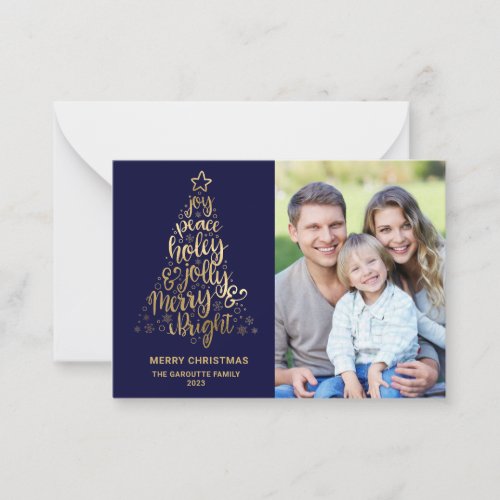 Budget Merry Christmas Navy Blue 2 Photo Gold Note Card
