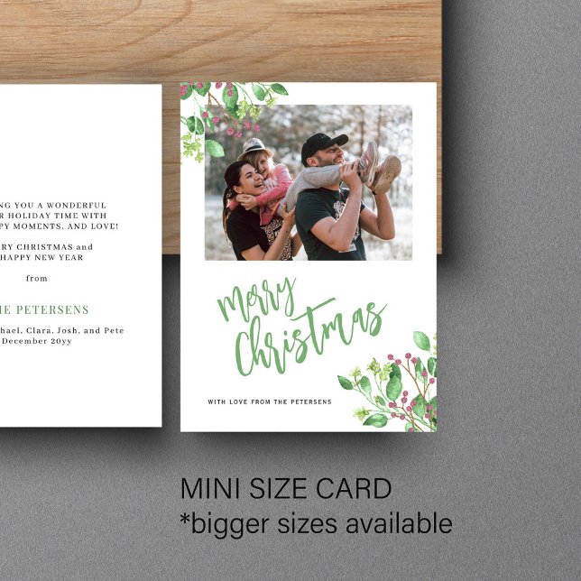 Budget Merry Christmas photo greenery holiday Note Card (Creator Uploaded)