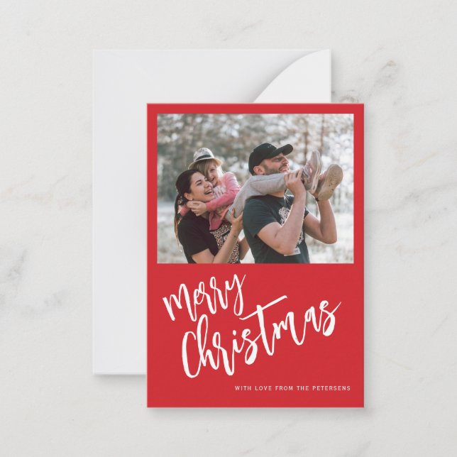 Budget Merry Christmas photo red Holiday Note Card (Front)