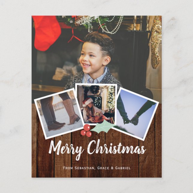 BUDGET Merry Christmas Photo Rustic Holly And Wood (Front)