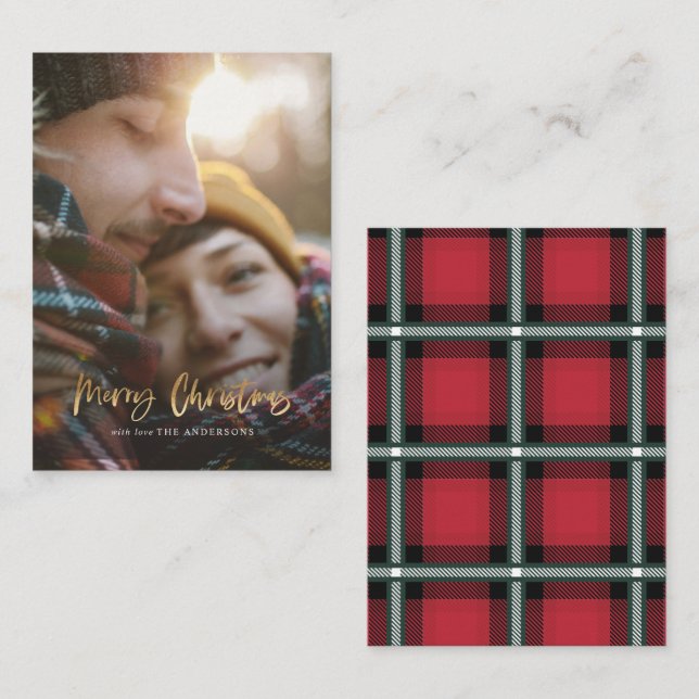 budget merry christmas red photo holiday note card (Front/Back)