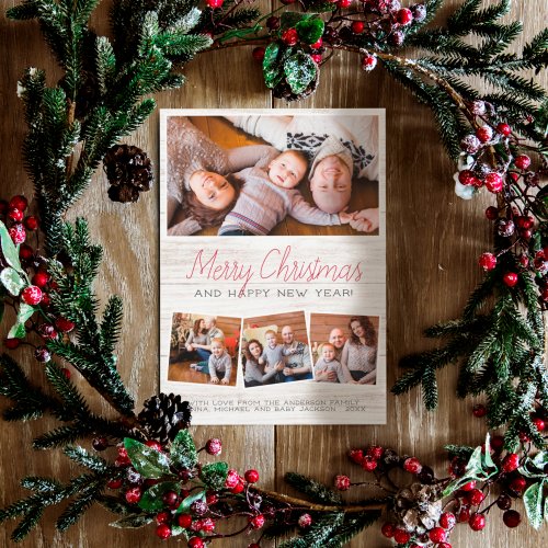 Budget Merry Christmas Rustic Wood 4 Photo Collage