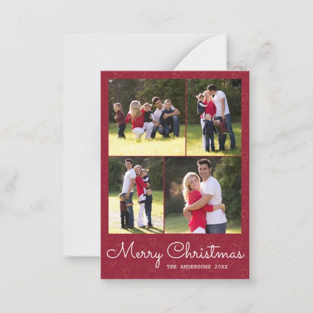 Budget Merry Christmas Script 4 Photo Red Holly Note Card (Front)