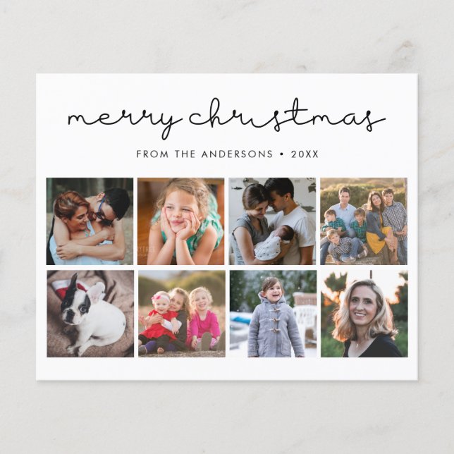 Budget Merry Christmas Script 8 Photo Holiday Card (Front)