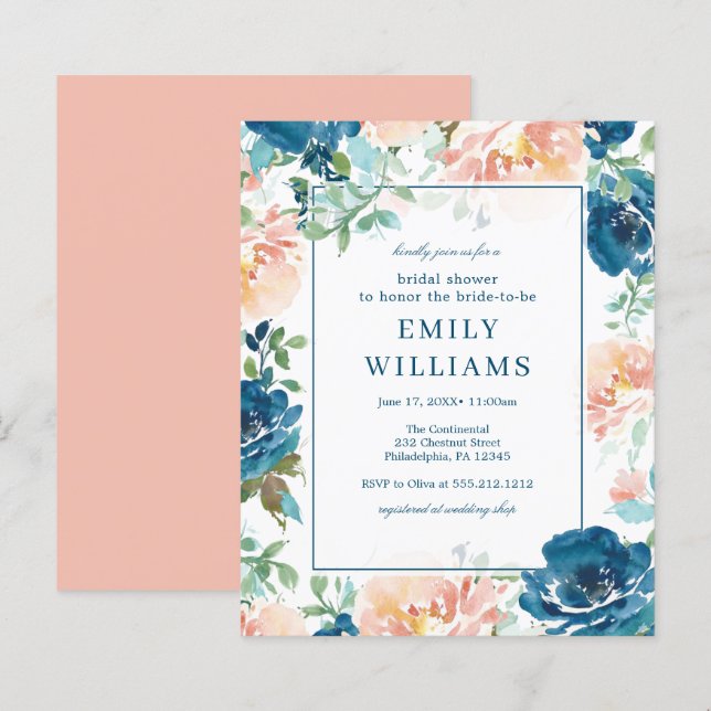 Budget Midnight Blooms Bridal Shower Invitation (Front/Back)