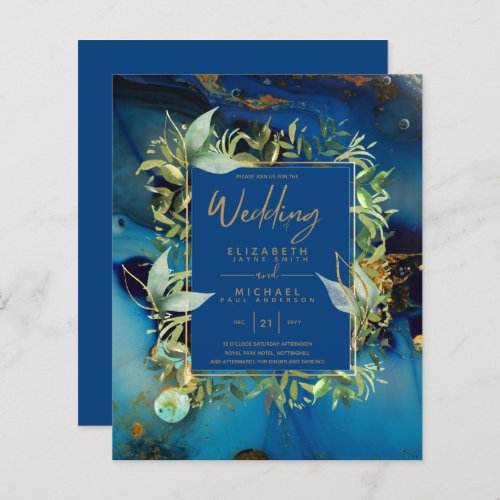 BUDGET Midnight Blue Gold Greenery Wedding Invites