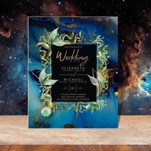 BUDGET Midnight Blue Gold Greenery Wedding Invites