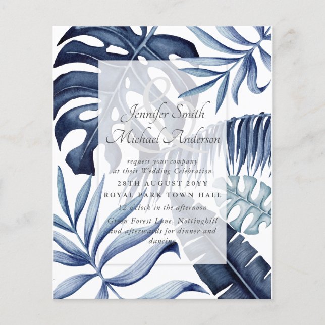 Budget Midnight Blue Leaves Wedding Invitation (Front)