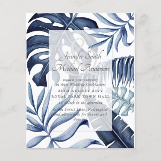 Budget Midnight Blue Leaves Wedding Invitation