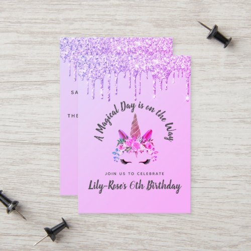 Budget Mini Glitter Unicorn Birthday Invitation