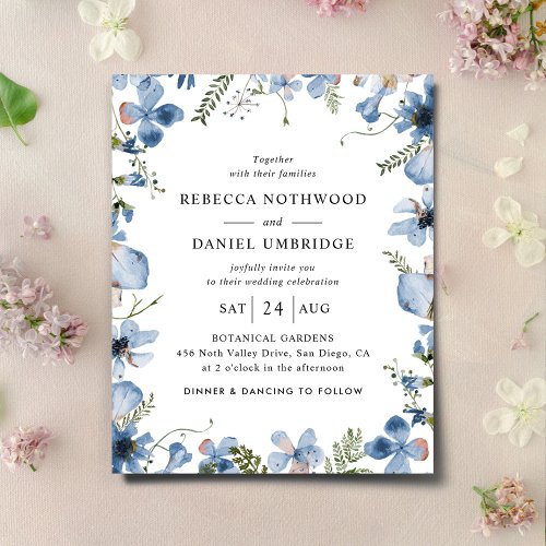 Budget Minimal Blue Floral Wedding Invitation