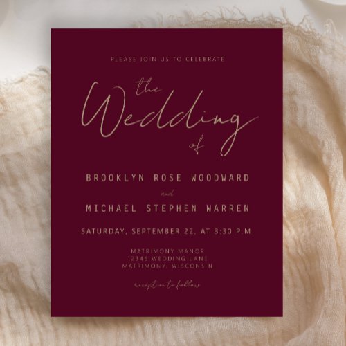 Budget Minimal Burgundy Gold Script Wedding Invite