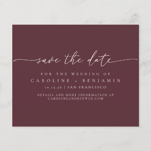 Budget Minimal Burgundy Script Wedding Save Date