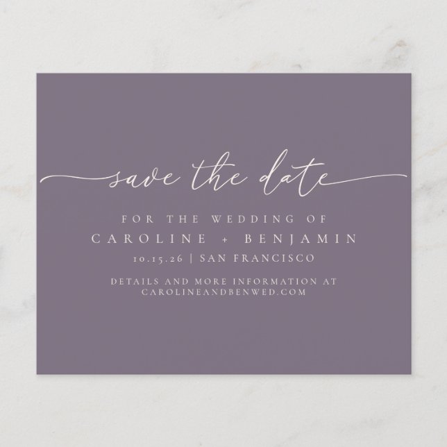 Budget Minimal Dark Purple Script Save the Date (Front)
