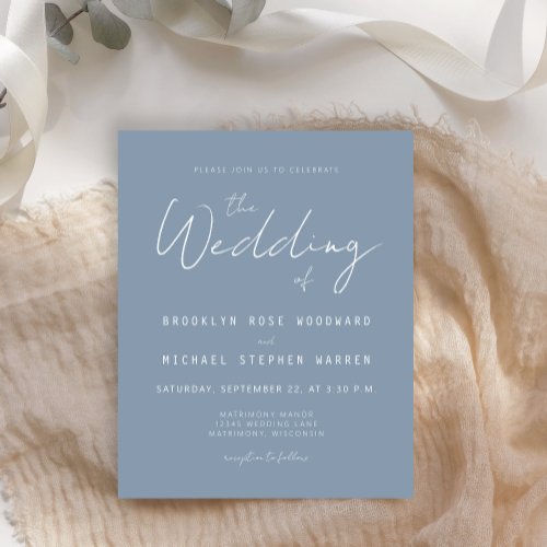 Budget Minimal Dusty Blue Script Wedding Invite
