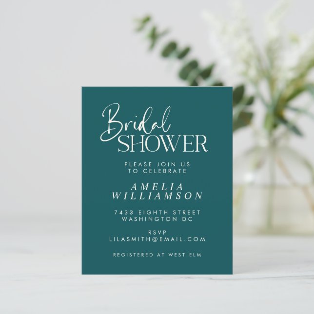 Budget Minimal Emerald Script Bridal Shower Invite (Standing Front)