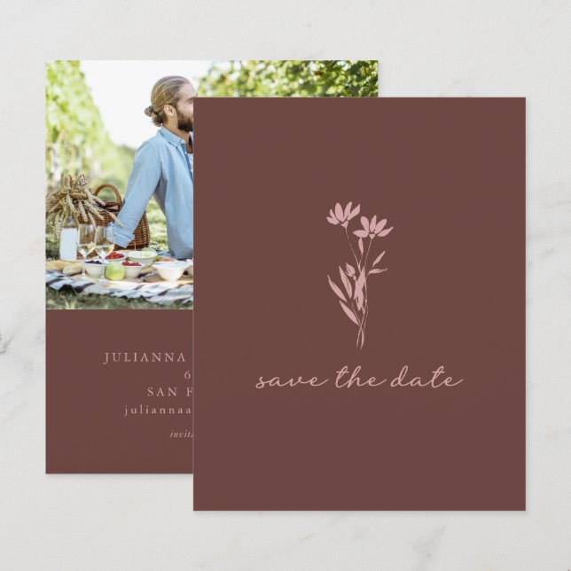Budget Minimal Floral Brown Photo Save The Date (Front/Back)