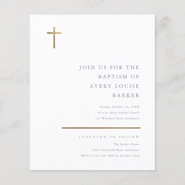 Budget Minimal Gold Cross Baptism Invitation  (Front)