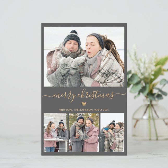 Budget Minimal Gray Gold 4 Photo Christmas Card (Standing Front)
