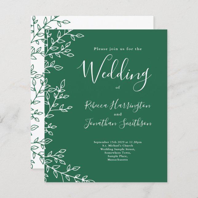 Budget Minimal Leaf Green Wedding Invitation (Front/Back)