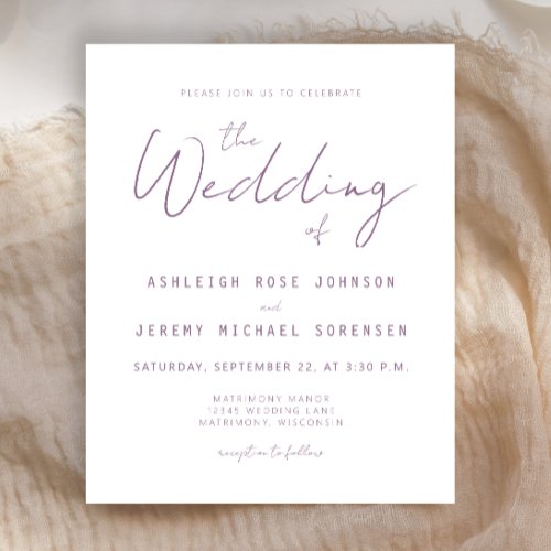 Budget Minimal Mauve Script Wedding Invitation
