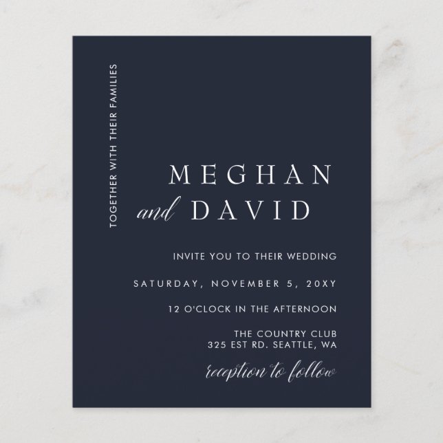 Budget Minimal Modern Navy Wedding Invitation (Front)