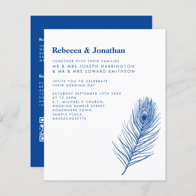 Budget Minimal Peacock Feather Blue Wedding Invite (Front/Back)
