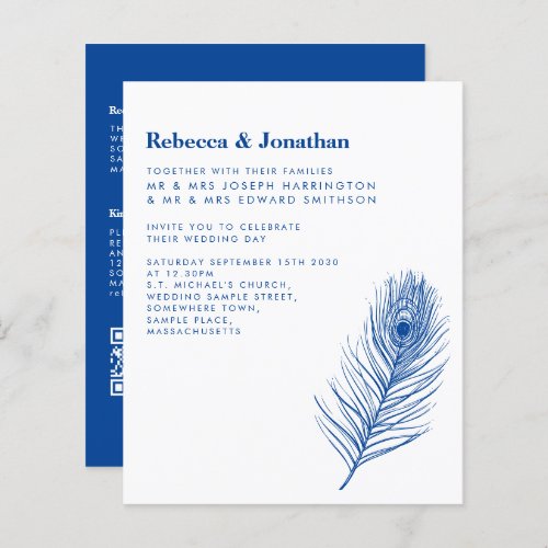 Budget Minimal Peacock Feather Blue Wedding Invite