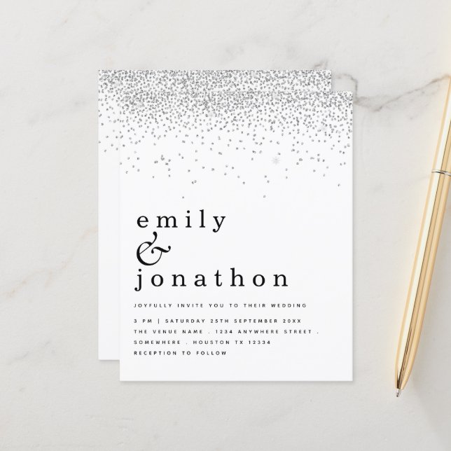 Budget Minimal Silver Glitter Wedding Invitation (Front/Back In Situ)