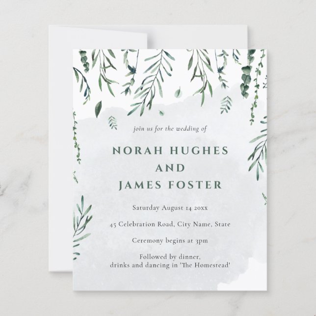 Budget Minimal Simple Watercolor Leaves Wedding (Front)