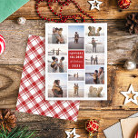 Budget Minimalist 12 Photo Collage Christmas<br><div class="desc">Spread holiday cheer affordably with our Budget Photo Christmas Card. This card showcases a 12-photo collage and a cheerful red rectangle displaying "Happiest Holidays" in bold sans-serif typography, and your family name adds a personal touch in a script font. The card's reverse side features a traditional white and red tartan...</div>