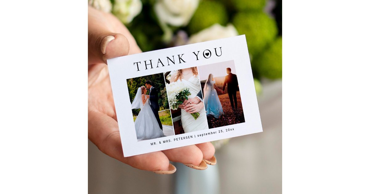 Budget minimalist 3 photo modern wedding thank you note card | Zazzle