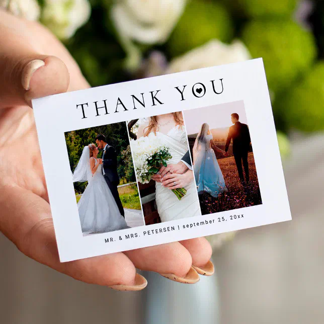 Budget minimalist 3 photo modern wedding thank you note card | Zazzle