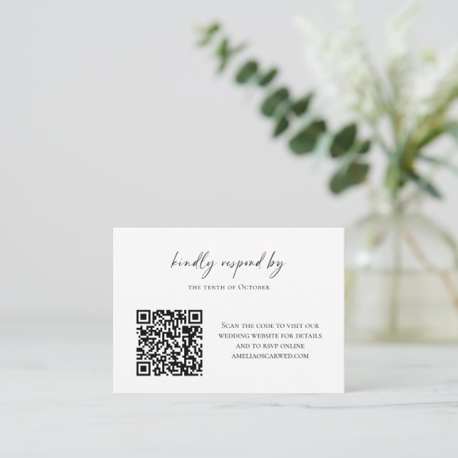 Budget Minimalist Black White Script RSVP QR Code  Note Card (Standing Front)