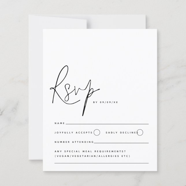 Budget Minimalist Black White Script Wedding RSVP (Front)