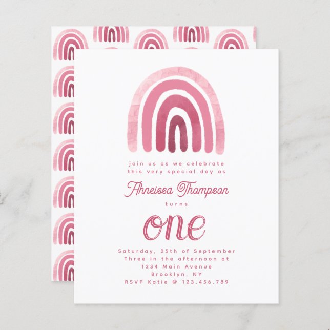 Budget Minimalist Boho Pink Rainbow First Birthday (Front/Back)