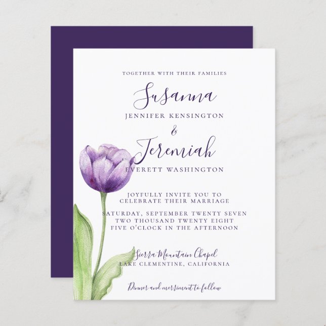 BUDGET Minimalist Deep Purple Single Tulip Wedding (Front/Back)