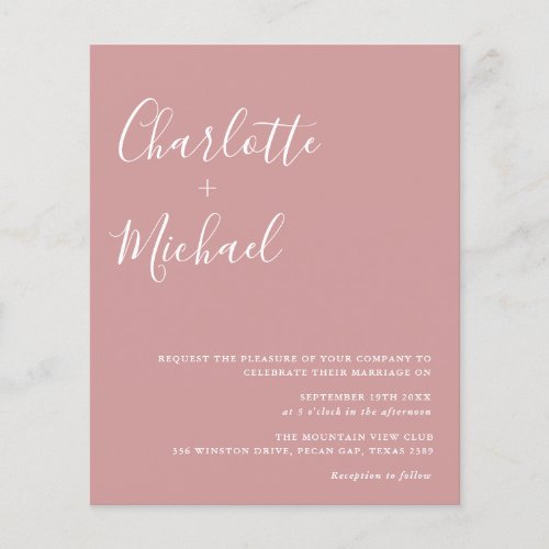 Budget Minimalist Dusty Rose Wedding Invitation