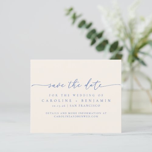 Budget Minimalist Ecru Blue Script Save The Date