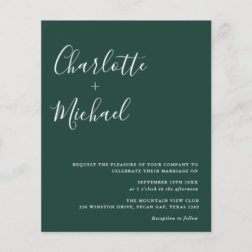 Budget Minimalist Emerald Green Wedding Invitation