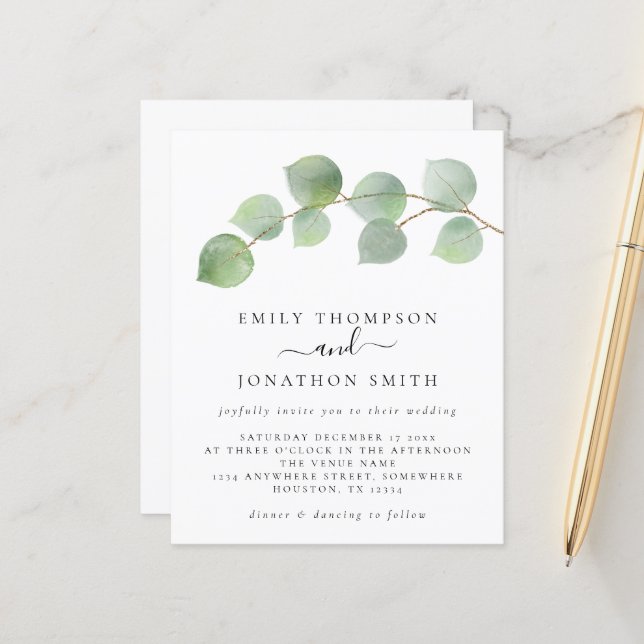 Budget Minimalist Eucalyptus Wedding Invitation (Front/Back In Situ)
