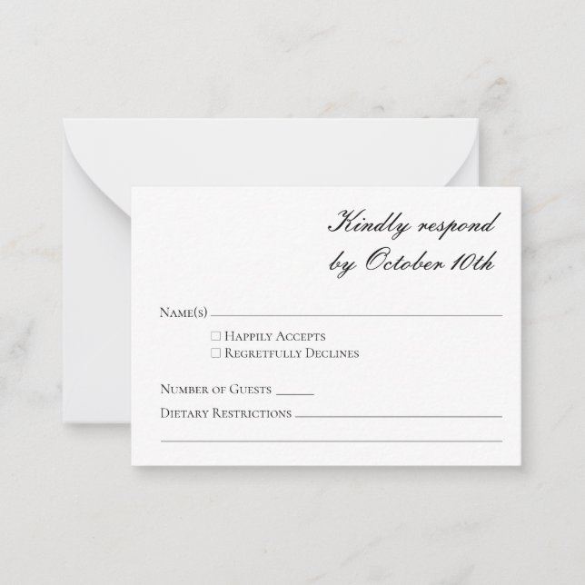 Budget Minimalist Formal Black White Script RSVP Note Card (Front)