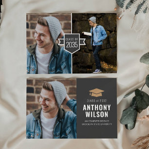 Budget Minimalist Gold Grad Cap 3 Photo Graduation Note Card