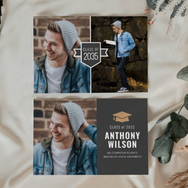 Budget Minimalist Gold Grad Cap 3 Photo Graduation Note Card (Creator Uploaded)