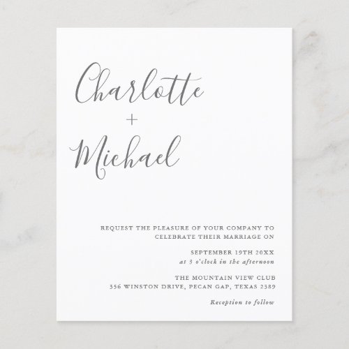 Budget Minimalist Gray White Wedding Invitation
