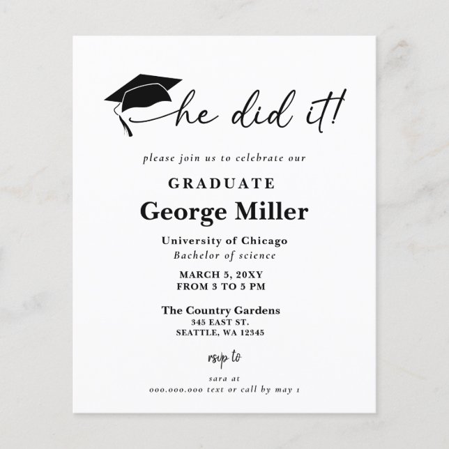 Budget Minimalist he Did It Graduation Invitation (Front)