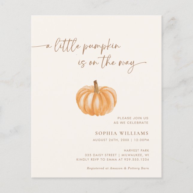 BUDGET Minimalist Little Pumpkin Baby Shower (Front)