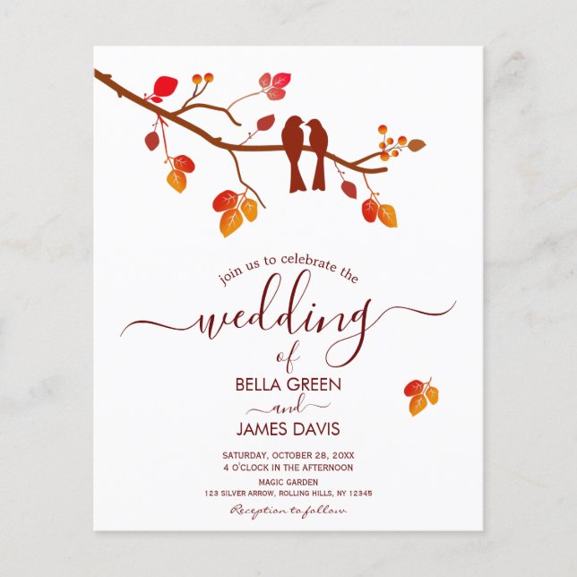 Budget Minimalist Lovebird Fall Wedding Invitation (Front)